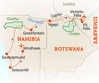 Rundreise in Namibia, Botswana und Simbabwe (15 Tage)