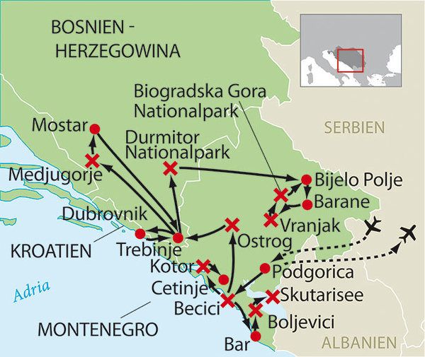 Reiseroute Montenegro - Kroatien - Bosnie-Hezegowina