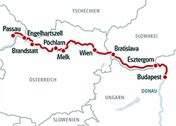Flusskreuzfahrt auf  der Donau kombiniert mit Radtour - Reiseroute 