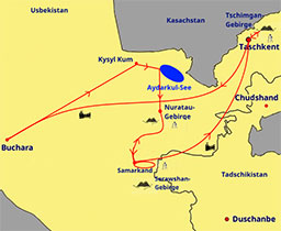 Route der Gruppenreise in Usbekistan "Wandern und Kultur" (15 Tage)