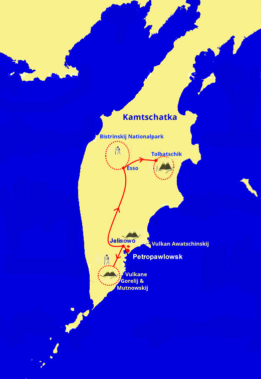 Reiseroute KAMTSCHATKA – VULKANE, BÄREN, HEISSE QUELLEN